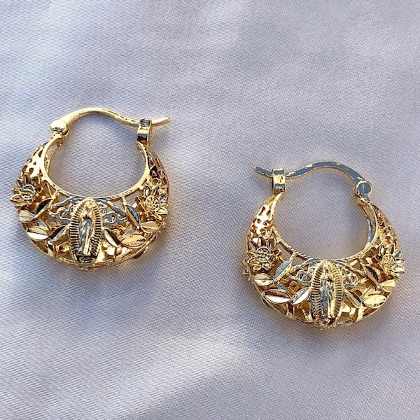 Gold Virgencita Hoops, Virgin Mary Earrings, Virgencita earrings, Virgin Mary hoops, Gold Virgin Mary earrings