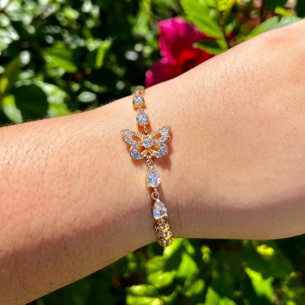 Gold butterfly bracelet, Diamond butterfly bracelet, butterfly charm bracelet, butterfly jewelry