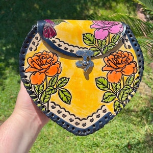 Mexican Painted Leather bag, Heart Leather purse, Tooled Leather purse, Bolsa Mexican de piel image 1