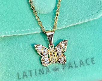 Virgencita Butterfly Necklace, Gold Virgin Mary Butterfly Necklace, Virgencita Mariposa Jewelry, Dainty Virgencita Necklace