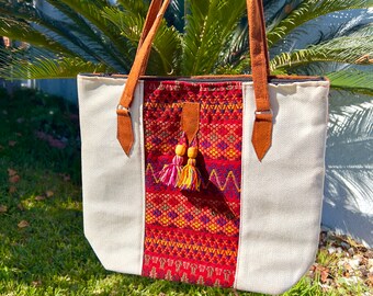 Mexican embroidered Tote Bag, Tribal Tote Bag, Tote Bag with pockets, Mexican Bag