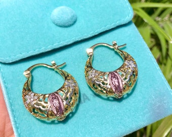 18k vergulde Virgen de Guadalupe-ringen, Virgen de Guadalupe-oorbellen, Maagd Maria-oorbellen
