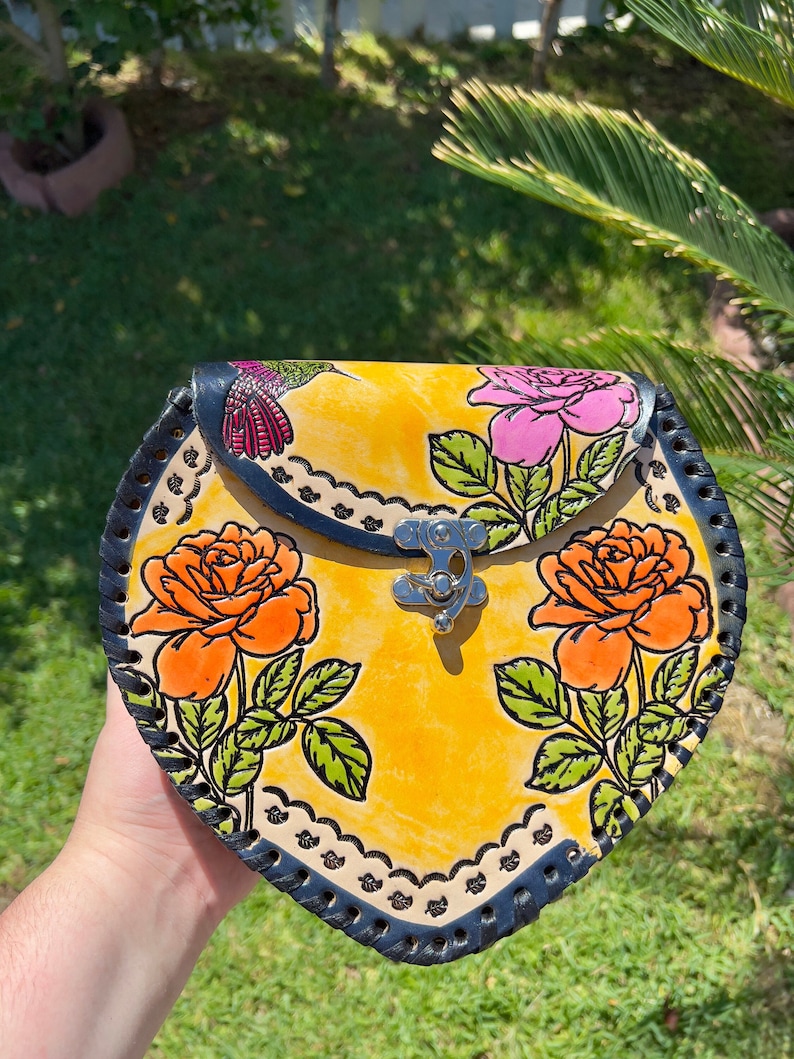 Mexican Painted Leather bag, Heart Leather purse, Tooled Leather purse, Bolsa Mexican de piel image 1