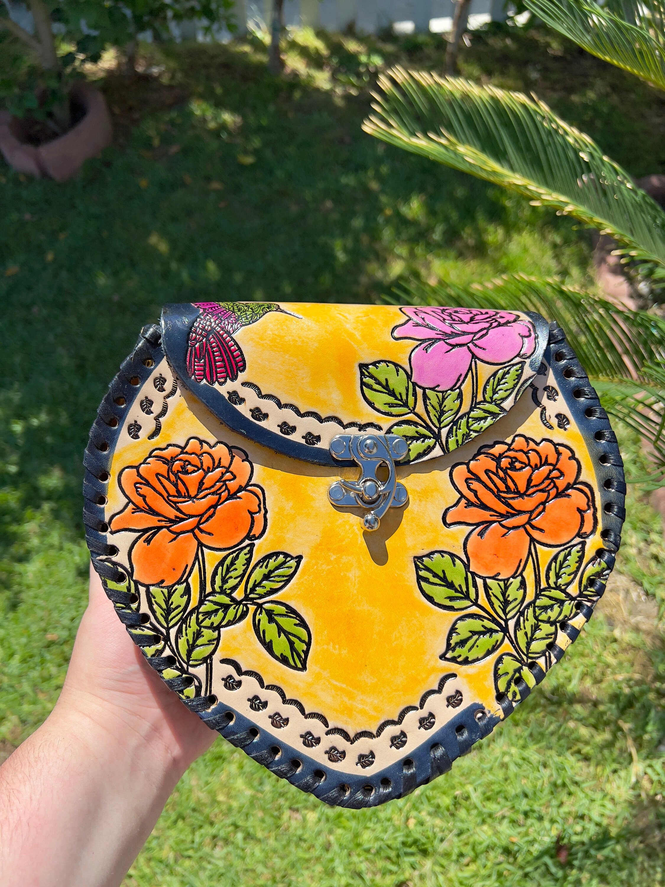 Mexican Painted Leather Bag, Heart Leather Purse, Tooled