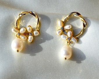 Flower Pearl Earrings, Flower Jewelry, Gold Pearl Earrings, Floral Pearl Earrings