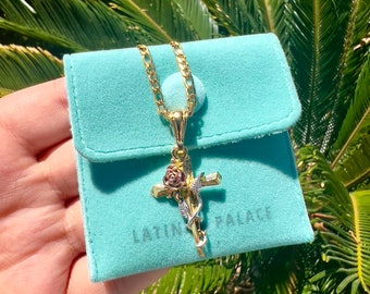 Gold Cross Necklace, Gold Plated Cross Necklace, Cross Pendant, Cross Jewelry, Cross Rose Necklace