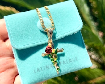 Gold Cross Necklace, Gold Plated Cross Necklace, Cross Pendant, Cross Jewelry, Cross Rose Necklace