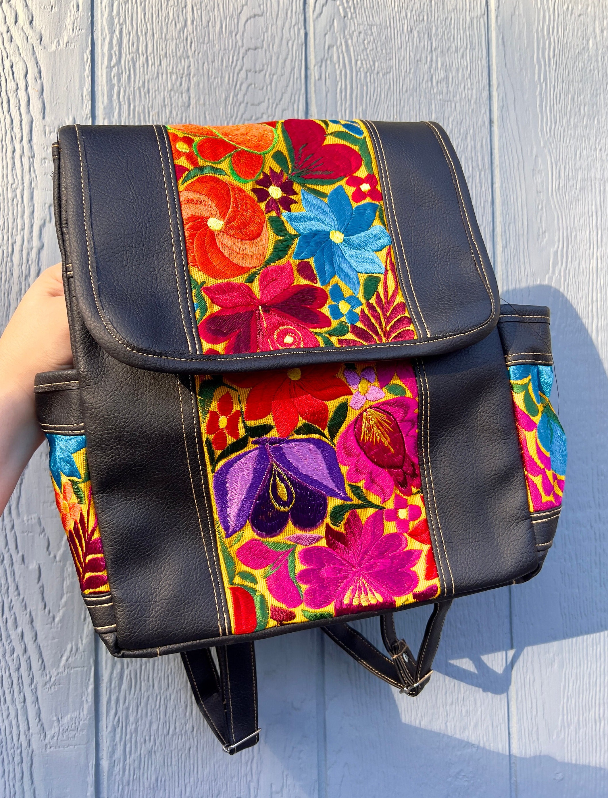 Chula Leaf Print Backpack | Black Multicolor | Made in Mexico | Boho Backpack Mexican Embroidered Leather Backpack - Etsy main image 3