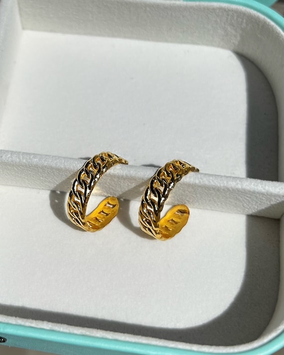 Gold Link Hoops, Chain Link Hoops, Gold Stainless Steel Hoops, Gold Curb Chain Hoops