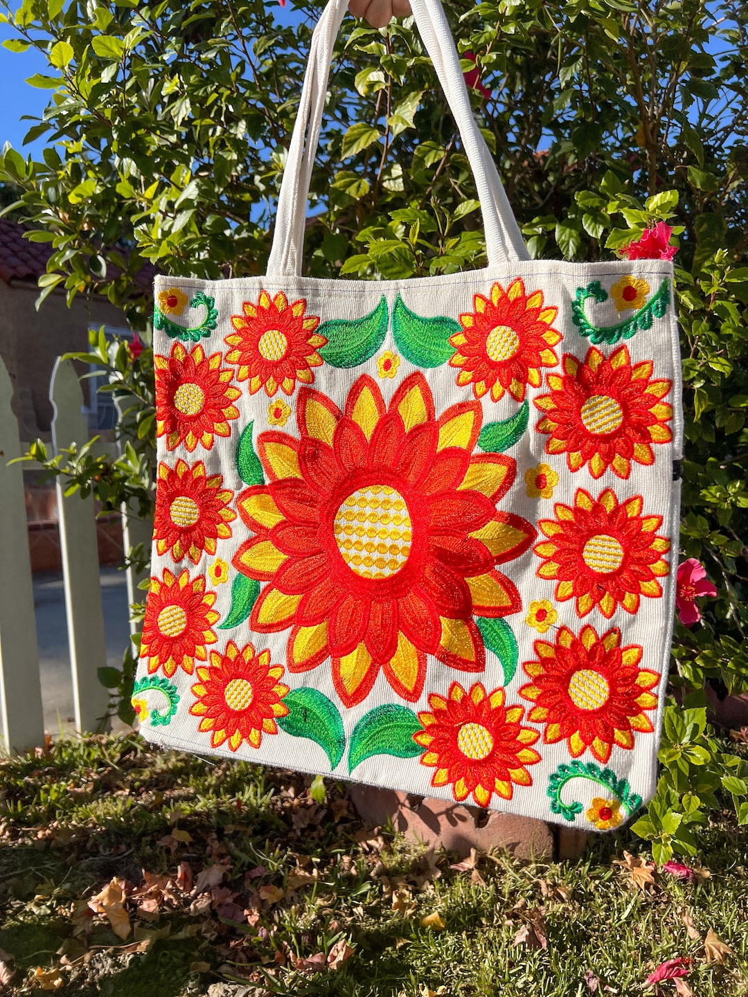 Sunflower Embroidered Tote, Mexican Embroidered Tote Bag, Bolsa ...