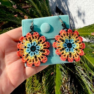 Huichol Flower Earrings, Beaded Floral Earrings, Huichol Earrings