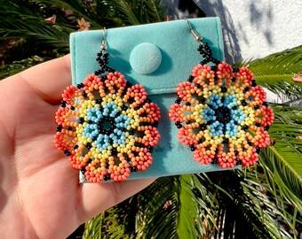 Huichol Flower Earrings, Beaded Floral Earrings, Huichol Earrings