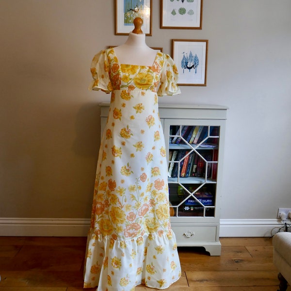 1970s empire line floral maxi dress in spring colours, size 8