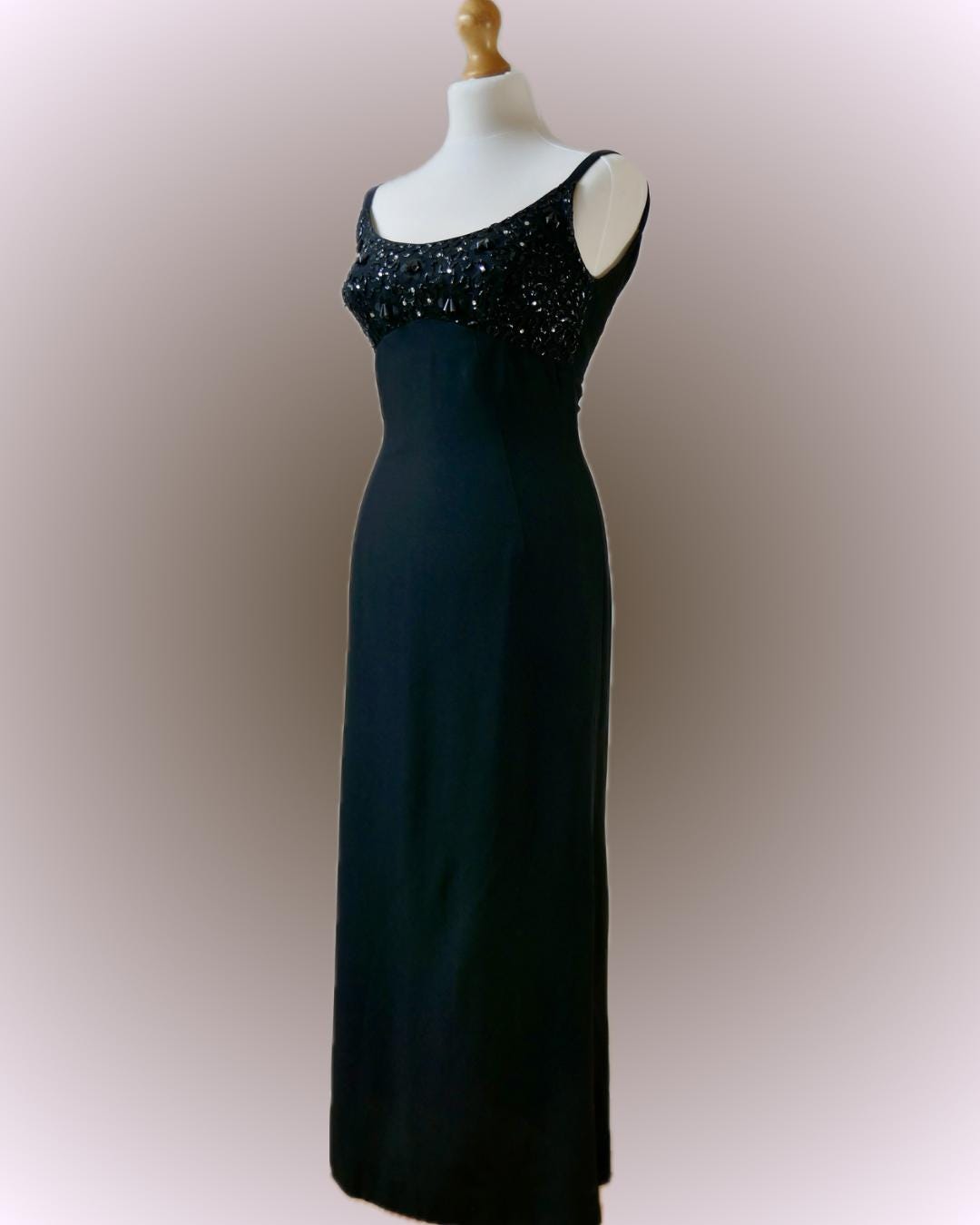 1960s Melbray of London sleeveless black evening dress, spaghetti straps, beaded bodice, size 8