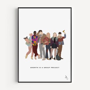 May include: A group of six people stand together in a line. They are all wearing casual clothing. The person on the far right is holding a yellow triangle. The text "GROWTH IS A GROUP PROJECT" is printed below the group.