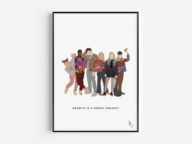 May include: A group of six people stand together in a line. They are all wearing casual clothing. The person on the far right is holding a yellow triangle. The text "GROWTH IS A GROUP PROJECT" is printed below the group.