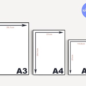 May include: A comparison of three standard paper sizes: A3, A4, and A5. The sizes are shown in black frames with white backgrounds and measurements in centimeters. A3 is 29.7 cm by 42 cm, A4 is 21 cm by 29.7 cm, and A5 is 14.8 cm by 21 cm.