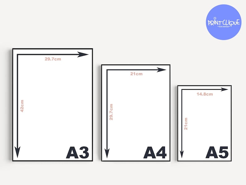 May include: A comparison of three standard paper sizes: A3, A4, and A5. The sizes are shown in black frames with white backgrounds and measurements in centimeters. A3 is 29.7 cm by 42 cm, A4 is 21 cm by 29.7 cm, and A5 is 14.8 cm by 21 cm.