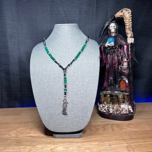 Handmade Santa Muerte Rosary/Rosario Green Glass and Black Obsidian