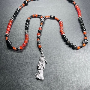Handmade Santa Muerte Reversal Rosary/Rosario Red Agate/Rainbow Obsidian