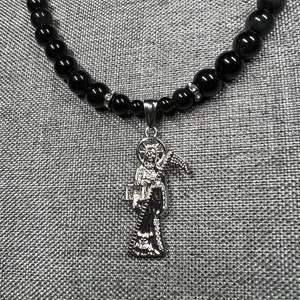 Handmade Santa Muerte Necklace - Rainbow Obsidian (Silver Pendant)