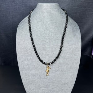Handmade Santa Muerte Necklace - Rainbow Obsidian (Gold Pendant)