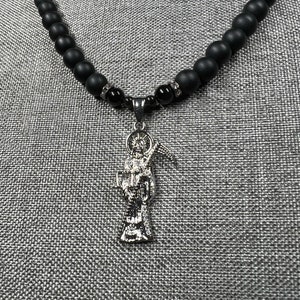 Handmade Santa Muerte Necklace - Onyx/Rainbow Obsidian (Silver Pendant)