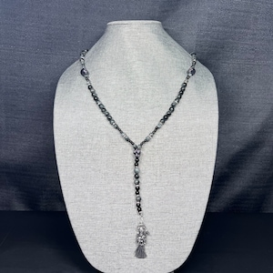 Handmade Santa Muerte Rosary/Rosario Grey Eagle Eye/Rainbow Obsidian