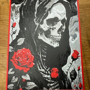 Santa Muerte 3 (Small, Silk Silver, Red, Black, Silk White) 3D Picture offering or gift 6 1/2 inches tall X 5 1/2