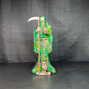 11 inch Hand Painted Galaxy Green Santisima Muerte/Holy Death Statue With Clear and Seeded Front and bottom- Fully Blessed (I)