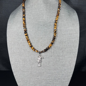 Handmade Santa Muerte Necklace - Tigers Eye (Silver Pendant)
