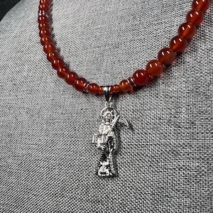 Handmade Santa Muerte Necklace - Red Agate (Silver Pendant)