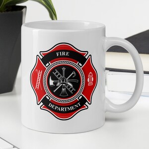 Firefighter Fireman Custom Made Coffee Mug Gift Silver Metallic Ceramic White 11 oz. 15 oz. Coffee Cup Red Maltese Cross