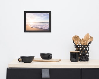 Sunset on Beach Framed Print, Ocean Living Room Decor, Color rubor, Boho Photography
