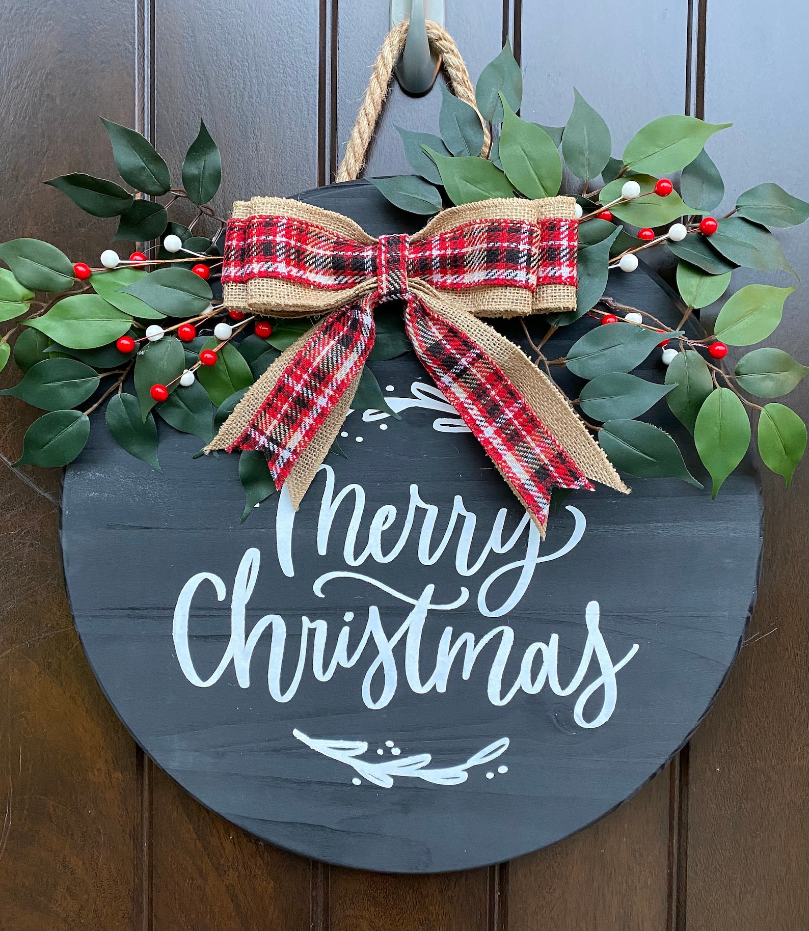 Merry Christmas Round Wood Door Hanger - Etsy