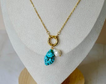 Freshwater Pearl & Turquoise Dyed Howlite Charm Necklace, Gold Plated Stainless Steel Chain