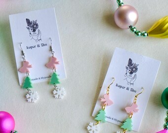 Christmas Earrings, Acrylic Christmas Earrings, Snowflake & Tree, Hypoallergenic Holiday Jewelry