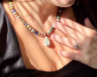 Chunky Beaded Gemstone Choker Necklace, Gemstone Beads, Faux Pearl, One-of-a-kind Jewelry