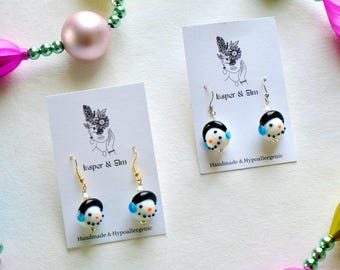 Snowman Dangling Earrings, Glass Snowman, Winter Style