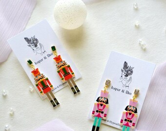 Nutcracker Christmas Earrings, Holiday Style, Acrylic Lightweight Earring