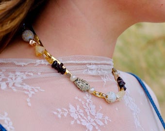 Garnet, Citrine, Jasper Gemstone & Mixed Beads Gold-Filled Necklace, One-of-a-kind Jewelry