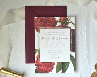 Faire-part de mariage floral | Suite Rose Rouge et Or