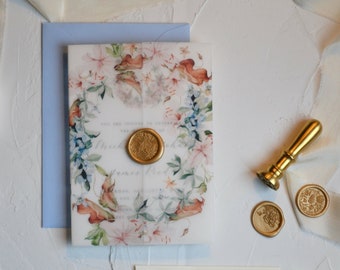 Printed Semi-Custom Wedding Invitation | Garden Party Floral Lily Wedding Invite | Multicolor Vellum Jacket | Wax Seal | Wedding Stationery