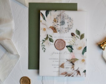 Vellum Wedding Invitation | Magnolia Floral Suite with Wax Seal