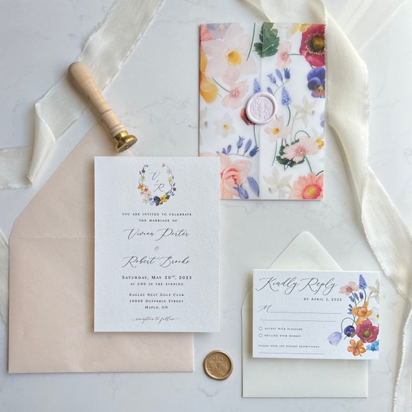 Printed Semi-Custom Wedding Invitation | Wildflower Floral Wedding Invites | Rainbow Vellum Jacket | Wax Seal | Wedding Stationery