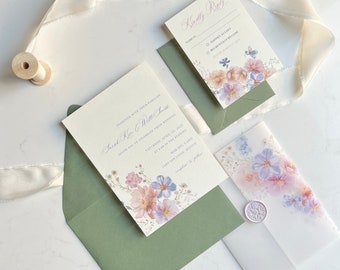 Printed Semi-Custom Wedding Invitation | Spring Blossom Wedding Invite | Bloss Vellum Jacket | Wax Seal | Floral Wedding Stationery