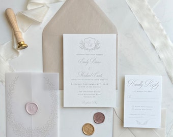 Classic Taupe Monogram Beige Wedding Invitation | Elegant Taupe Vellum Suite