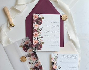 Gedruckte Semi-Custom Hochzeitseinladung | Burgundy Floral Hochzeitseinladungen | Burgundy Blush Pergament Jacke | Wachssiegel | Hochzeit Briefpapier