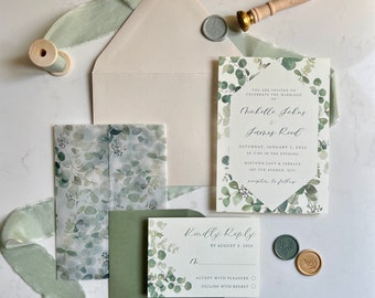 Printed Semi-Custom Wedding Invitation | Sage Green Wedding Invites | Vellum Jacket | Wax Seal | Modern Natural Botanical Wedding Stationery