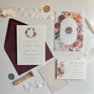 Printed Semi-Custom Wedding Invitation | Burgundy Autumn Floral Wedding Invites | Burgundy Vellum Jacket | Wax Seal | Wedding Stationery